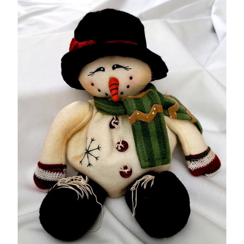 Vintage Primitive Plush Snowman 13" Farmhouse Sits Crazy Mountain Tag Pellets